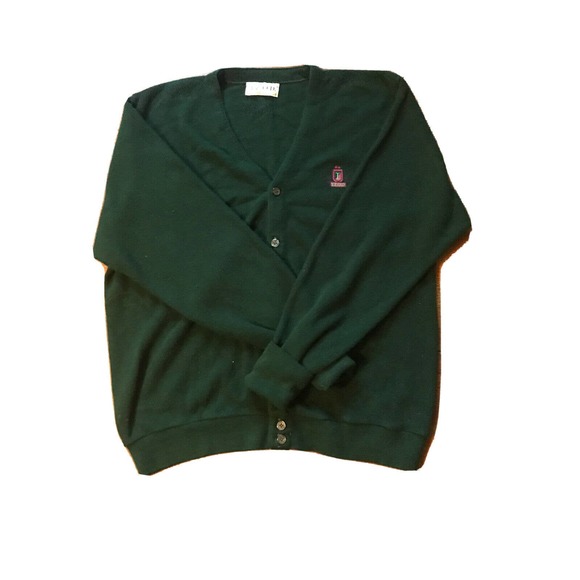 IZOD VTG Dark Green Cardigan Sweater Men's Sz L Embroidered Crest Logo - Picture 1 of 9